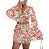 image:imageLYANER Women 2 Piece Vacation Outfits Tie Knot Front Bell Long Sleeve Crop Top and Mini Skirt Summer SetRed Print