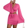 image:imageLYANER Women 2 Piece Vacation Outfits Tie Knot Front Bell Long Sleeve Crop Top and Mini Skirt Summer SetRose