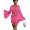 image:imageLYANER Women 2 Piece Vacation Outfits Tie Knot Front Bell Long Sleeve Crop Top and Mini Skirt Summer SetRose