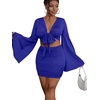 image:imageLYANER Women 2 Piece Vacation Outfits Tie Knot Front Bell Long Sleeve Crop Top and Mini Skirt Summer SetRoyal Blue