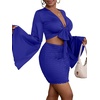 image:imageLYANER Women 2 Piece Vacation Outfits Tie Knot Front Bell Long Sleeve Crop Top and Mini Skirt Summer SetRoyal Blue