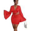 image:imageLYANER Women 2 Piece Vacation Outfits Tie Knot Front Bell Long Sleeve Crop Top and Mini Skirt Summer SetRust Red