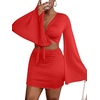 image:imageLYANER Women 2 Piece Vacation Outfits Tie Knot Front Bell Long Sleeve Crop Top and Mini Skirt Summer SetRust Red