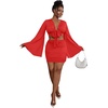image:imageLYANER Women 2 Piece Vacation Outfits Tie Knot Front Bell Long Sleeve Crop Top and Mini Skirt Summer SetRust Red
