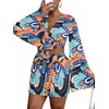image:imageLYANER Women 2 Piece Vacation Outfits Tie Knot Front Bell Long Sleeve Crop Top and Mini Skirt Summer SetSky Blue Print