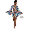image:imageLYANER Women 2 Piece Vacation Outfits Tie Knot Front Bell Long Sleeve Crop Top and Mini Skirt Summer SetSky Blue Print