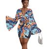 image:imageLYANER Women 2 Piece Vacation Outfits Tie Knot Front Bell Long Sleeve Crop Top and Mini Skirt Summer SetSky Blue Print
