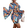 image:imageLYANER Women 2 Piece Vacation Outfits Tie Knot Front Bell Long Sleeve Crop Top and Mini Skirt Summer SetSky Blue Print