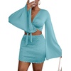 image:imageLYANER Women 2 Piece Vacation Outfits Tie Knot Front Bell Long Sleeve Crop Top and Mini Skirt Summer SetSolid Light Blue