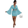 image:imageLYANER Women 2 Piece Vacation Outfits Tie Knot Front Bell Long Sleeve Crop Top and Mini Skirt Summer SetSolid Light Blue