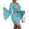 image:imageLYANER Women 2 Piece Vacation Outfits Tie Knot Front Bell Long Sleeve Crop Top and Mini Skirt Summer SetSolid Light Blue