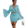 image:imageLYANER Women 2 Piece Vacation Outfits Tie Knot Front Bell Long Sleeve Crop Top and Mini Skirt Summer SetSolid Light Blue