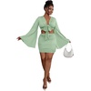 image:imageLYANER Women 2 Piece Vacation Outfits Tie Knot Front Bell Long Sleeve Crop Top and Mini Skirt Summer SetSolid Light Green