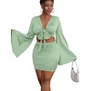 image:imageLYANER Women 2 Piece Vacation Outfits Tie Knot Front Bell Long Sleeve Crop Top and Mini Skirt Summer SetSolid Light Green