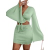 image:imageLYANER Women 2 Piece Vacation Outfits Tie Knot Front Bell Long Sleeve Crop Top and Mini Skirt Summer SetSolid Light Green