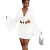 image:imageLYANER Women 2 Piece Vacation Outfits Tie Knot Front Bell Long Sleeve Crop Top and Mini Skirt Summer SetWhite