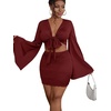 image:imageLYANER Women 2 Piece Vacation Outfits Tie Knot Front Bell Long Sleeve Crop Top and Mini Skirt Summer SetWine Red