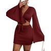 image:imageLYANER Women 2 Piece Vacation Outfits Tie Knot Front Bell Long Sleeve Crop Top and Mini Skirt Summer SetWine Red