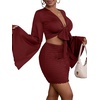 image:imageLYANER Women 2 Piece Vacation Outfits Tie Knot Front Bell Long Sleeve Crop Top and Mini Skirt Summer SetWine Red