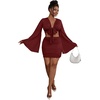 image:imageLYANER Women 2 Piece Vacation Outfits Tie Knot Front Bell Long Sleeve Crop Top and Mini Skirt Summer SetWine Red