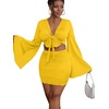 image:imageLYANER Women 2 Piece Vacation Outfits Tie Knot Front Bell Long Sleeve Crop Top and Mini Skirt Summer SetYellow