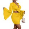 image:imageLYANER Women 2 Piece Vacation Outfits Tie Knot Front Bell Long Sleeve Crop Top and Mini Skirt Summer SetYellow