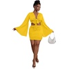 image:imageLYANER Women 2 Piece Vacation Outfits Tie Knot Front Bell Long Sleeve Crop Top and Mini Skirt Summer SetYellow