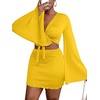 image:imageLYANER Women 2 Piece Vacation Outfits Tie Knot Front Bell Long Sleeve Crop Top and Mini Skirt Summer SetYellow