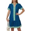 image:imageLYANER Womens Boho Print Tie V Neck Short Sleeve Ruched Ruffle Casual Mini DressDark Blue