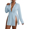image:imageLYANER Womens Button Down Shirt Dress Collared Long Sleeve Sexy Tops Slit Hem Long ShirtsAzure