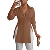 image:imageLYANER Womens Button Down Shirt Dress Collared Long Sleeve Sexy Tops Slit Hem Long ShirtsBrown
