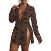 image:imageLYANER Womens Button Down Shirt Dress Collared Long Sleeve Sexy Tops Slit Hem Long ShirtsLeopard Print