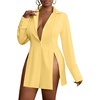 image:imageLYANER Womens Button Down Shirt Dress Collared Long Sleeve Sexy Tops Slit Hem Long ShirtsLight Yellow