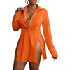 image:imageLYANER Womens Button Down Shirt Dress Collared Long Sleeve Sexy Tops Slit Hem Long ShirtsOrange
