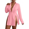 image:imageLYANER Womens Button Down Shirt Dress Collared Long Sleeve Sexy Tops Slit Hem Long ShirtsPink
