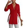 image:imageLYANER Womens Button Down Shirt Dress Collared Long Sleeve Sexy Tops Slit Hem Long ShirtsRed