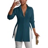 image:imageLYANER Womens Button Down Shirt Dress Collared Long Sleeve Sexy Tops Slit Hem Long ShirtsTeal Blue