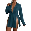 image:imageLYANER Womens Button Down Shirt Dress Collared Long Sleeve Sexy Tops Slit Hem Long ShirtsTeal Blue