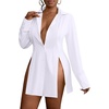 image:imageLYANER Womens Button Down Shirt Dress Collared Long Sleeve Sexy Tops Slit Hem Long ShirtsWhite
