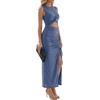 image:imageLYANER Womens Crew Neck Cut Out Bodycon Midi Dress Elegant Ribbed Knit Sleeveless Split Hem Cocktail Party Summer OutfitsDark Blue