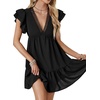 image:imageLYANER Womens Deep V Neck Ruffle Short Sleeve A Line Swing Flared Cocktail Party Mini Dress Black XLarge