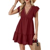 image:imageLYANER Womens Deep V Neck Ruffle Short Sleeve Mini Dress A Line Swing Flared Cocktail PartyBurgundy