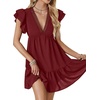 image:imageLYANER Womens Deep V Neck Ruffle Short Sleeve Mini Dress A Line Swing Flared Cocktail PartyBurgundy