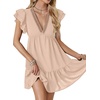 image:imageLYANER Womens Deep V Neck Ruffle Short Sleeve Mini Dress A Line Swing Flared Cocktail PartyCreamy Apricot