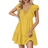 image:imageLYANER Womens Deep V Neck Ruffle Short Sleeve Mini Dress A Line Swing Flared Cocktail PartyMustard Yellow
