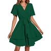 image:imageLYANER Womens Deep V Neck Short Sleeve Ruffle Layer Wrap Tie Waist Swing Mini DressDark Green