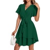 image:imageLYANER Womens Deep V Neck Short Sleeve Ruffle Layer Wrap Tie Waist Swing Mini DressDark Green