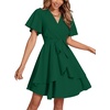 image:imageLYANER Womens Deep V Neck Short Sleeve Ruffle Layer Wrap Tie Waist Swing Mini DressDark Green