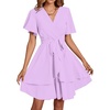 image:imageLYANER Womens Deep V Neck Short Sleeve Ruffle Layer Wrap Tie Waist Swing Mini DressPale Purple