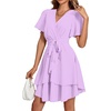 image:imageLYANER Womens Deep V Neck Short Sleeve Ruffle Layer Wrap Tie Waist Swing Mini DressPale Purple